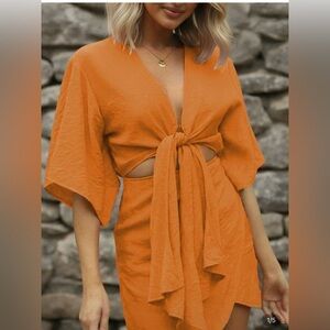 SHEIN Orange V Neck Tie-Front Waist Cut Out Asymmetrical Hem Romper Size 12/XL